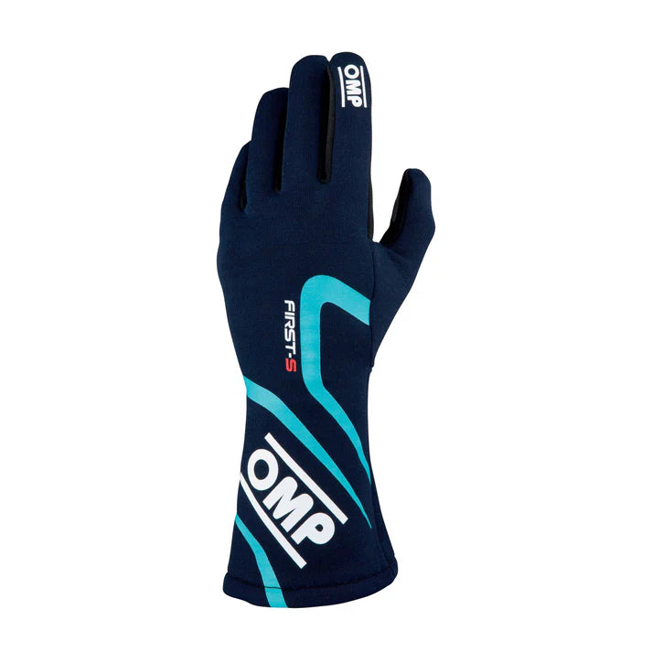 OMP IB0-0761-C01-248-S FIRST-S my2020 Racing gloves, FIA 8856-2018, navy blue/tiffany, size M