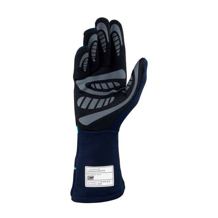 OMP IB0-0761-C01-248-S FIRST-S my2020 Racing gloves, FIA 8856-2018, navy blue/tiffany, size M